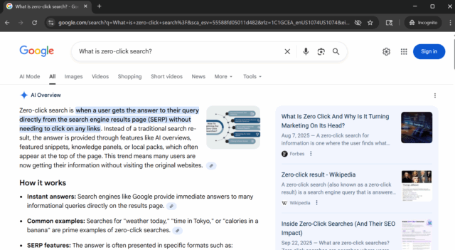 Example of zero-click search incognito